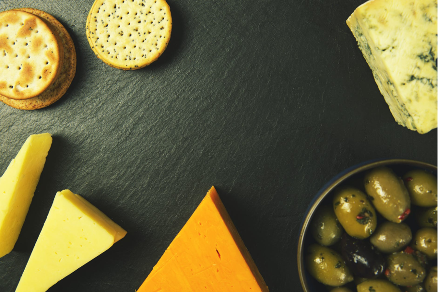 cheese, olives, biscuits